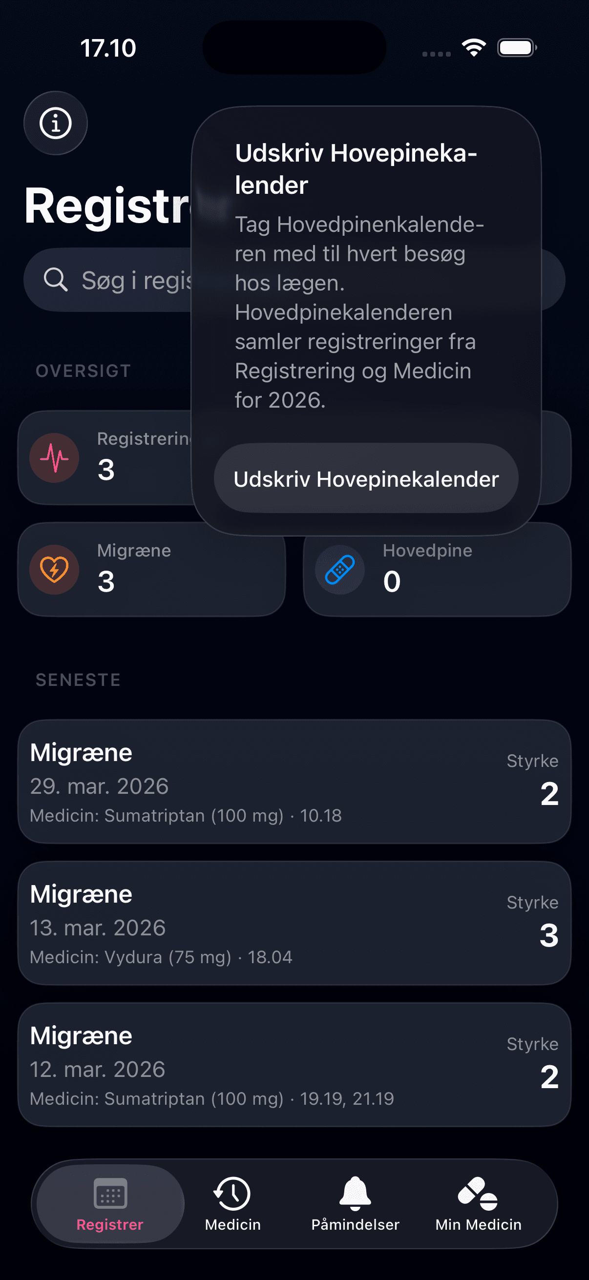 Skærmbillede af udskriv hovedpinedagbog til lægebesøg